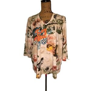 Alia Women's 1X V-neck‎ Top Tee Sequins Key West Tropical Short Sleeve 0327